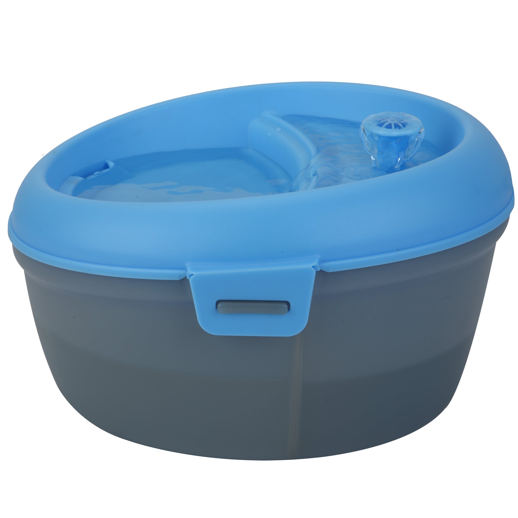 CoolerDog Healthspring pet fountain, 6 liter, blue/gray, side view, water running