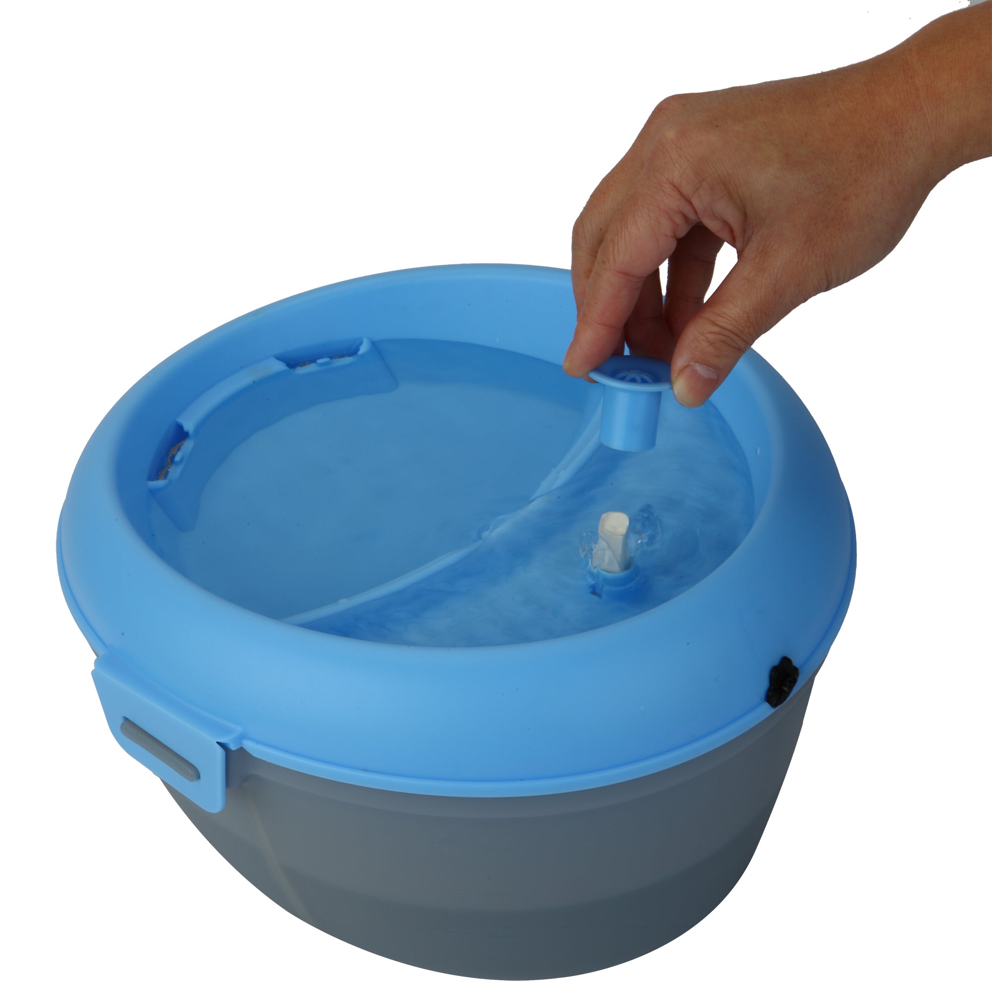 CoolerDog Healthspring pet fountain, blue/gray, , water running, with hand inserting dental stick