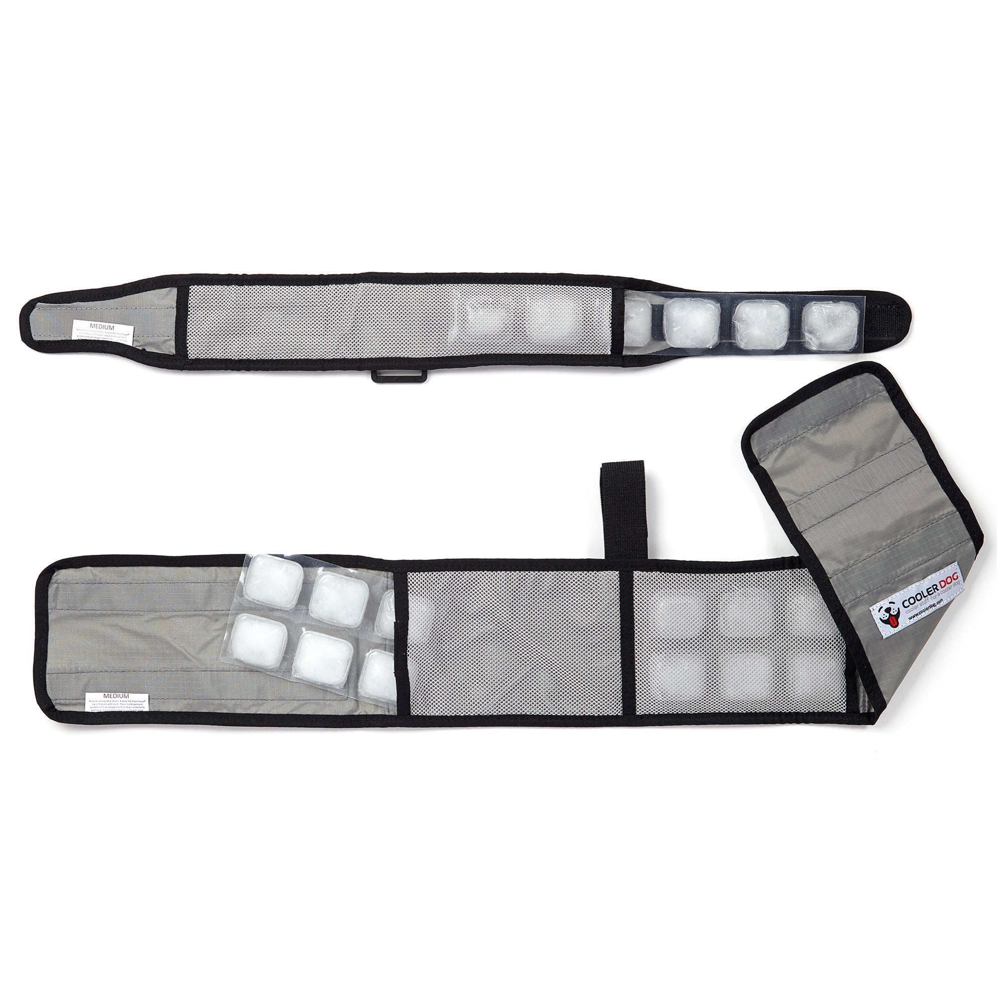 CoolerDog medium cooling vest and collar, gray disassembled with refreezable ice sheets