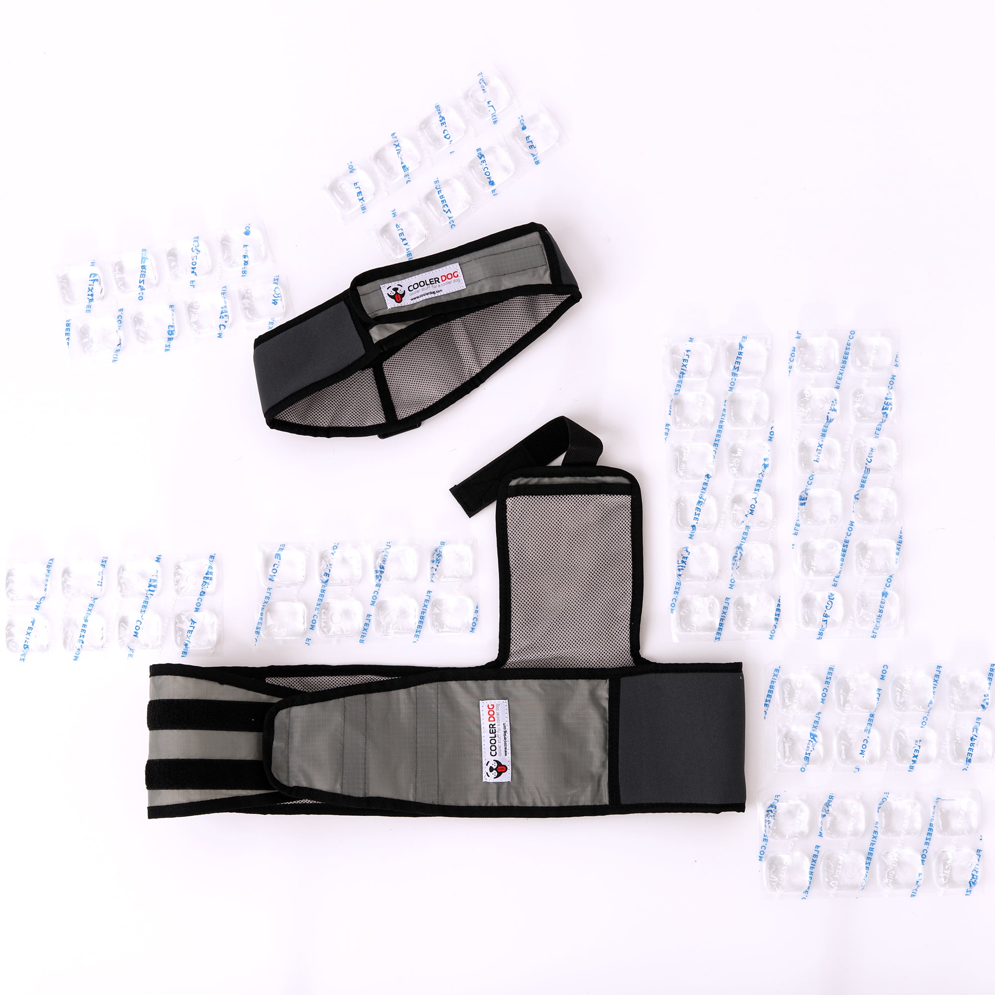 CoolerDog XL cooling vest and collar, gray disassembled with refreezable ice sheets