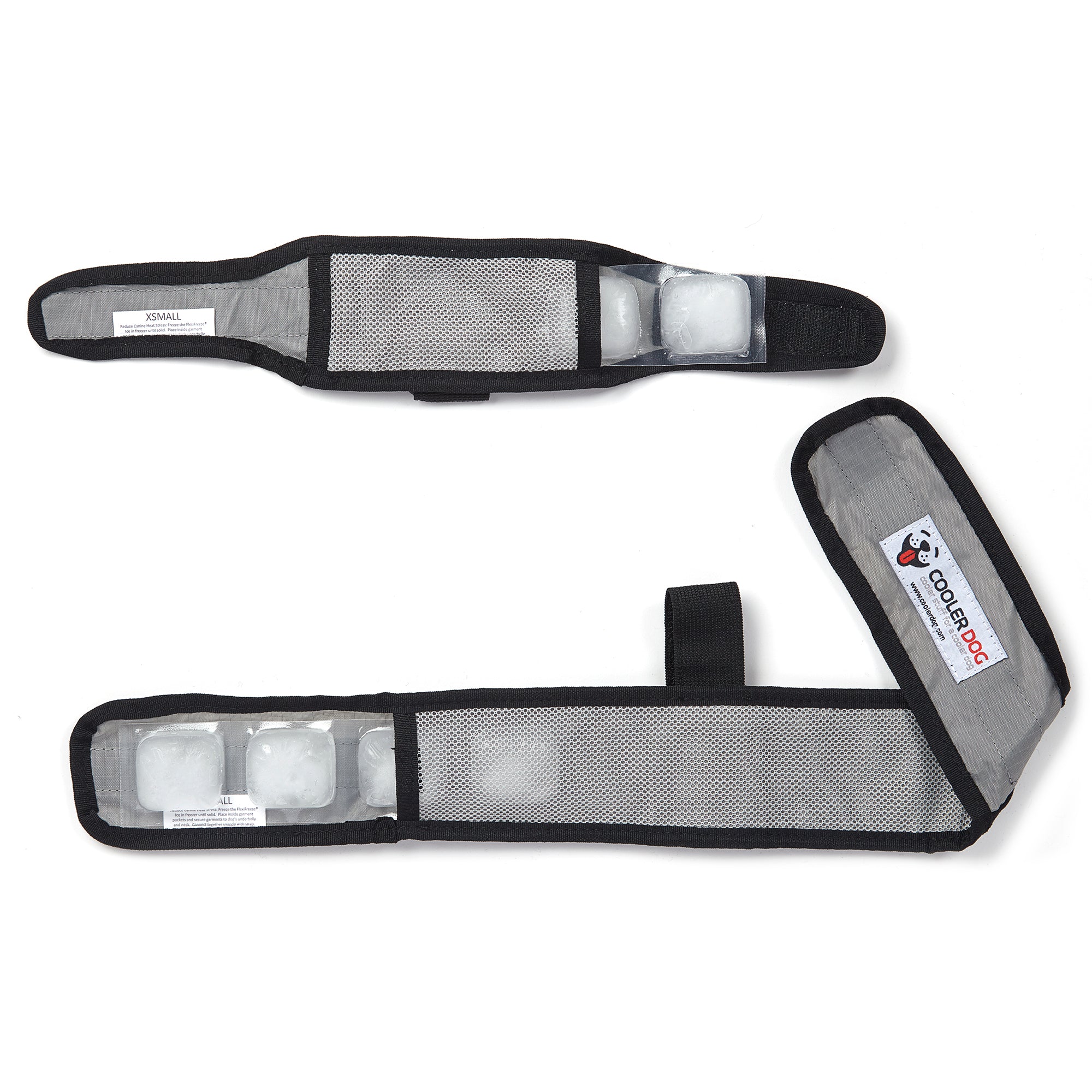 CoolerDog cooling vest and collar, extra small, gray, disassembled with refreezable ice