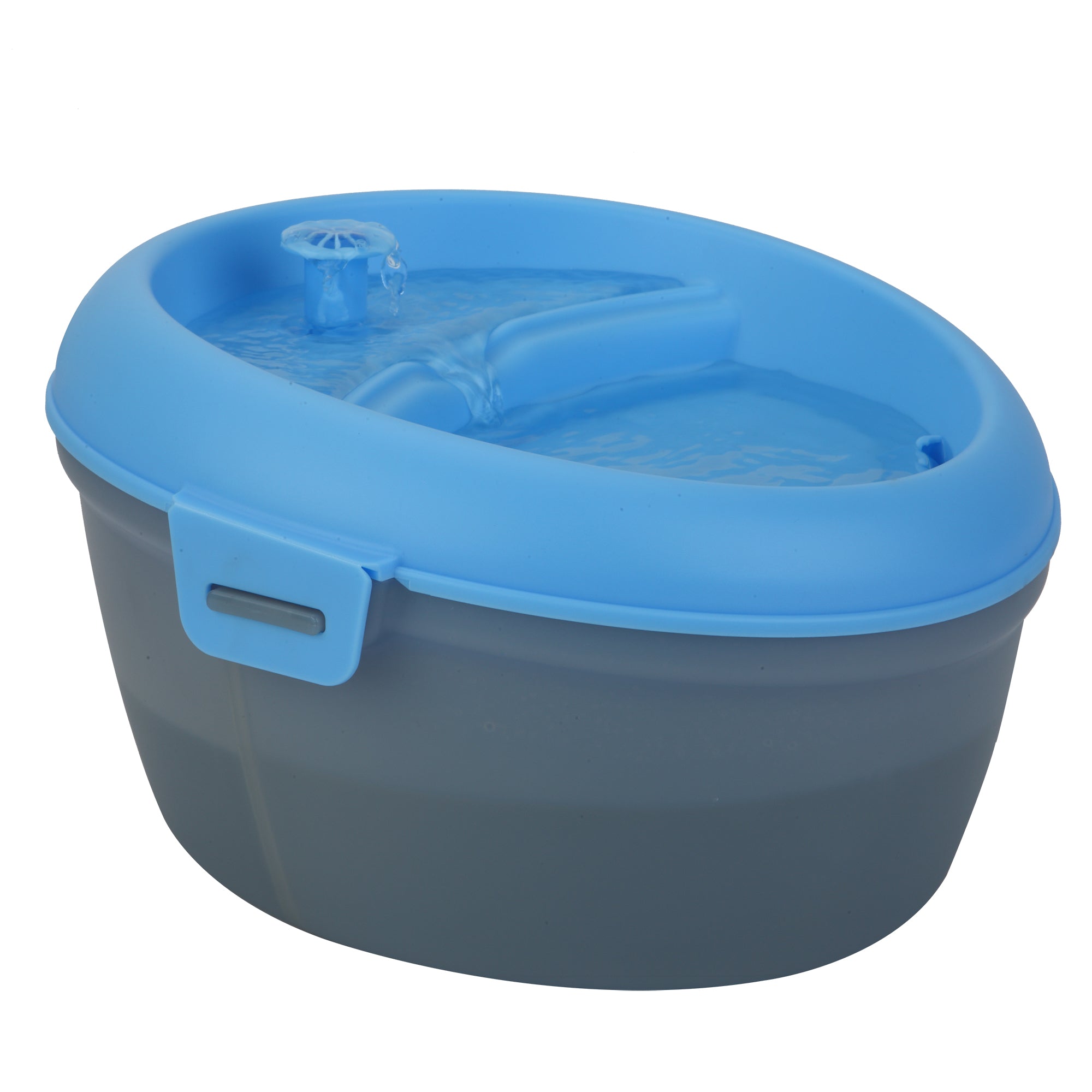 CoolerDog Healthspring pet fountain, 6 liter, blue/gray, top view, water running