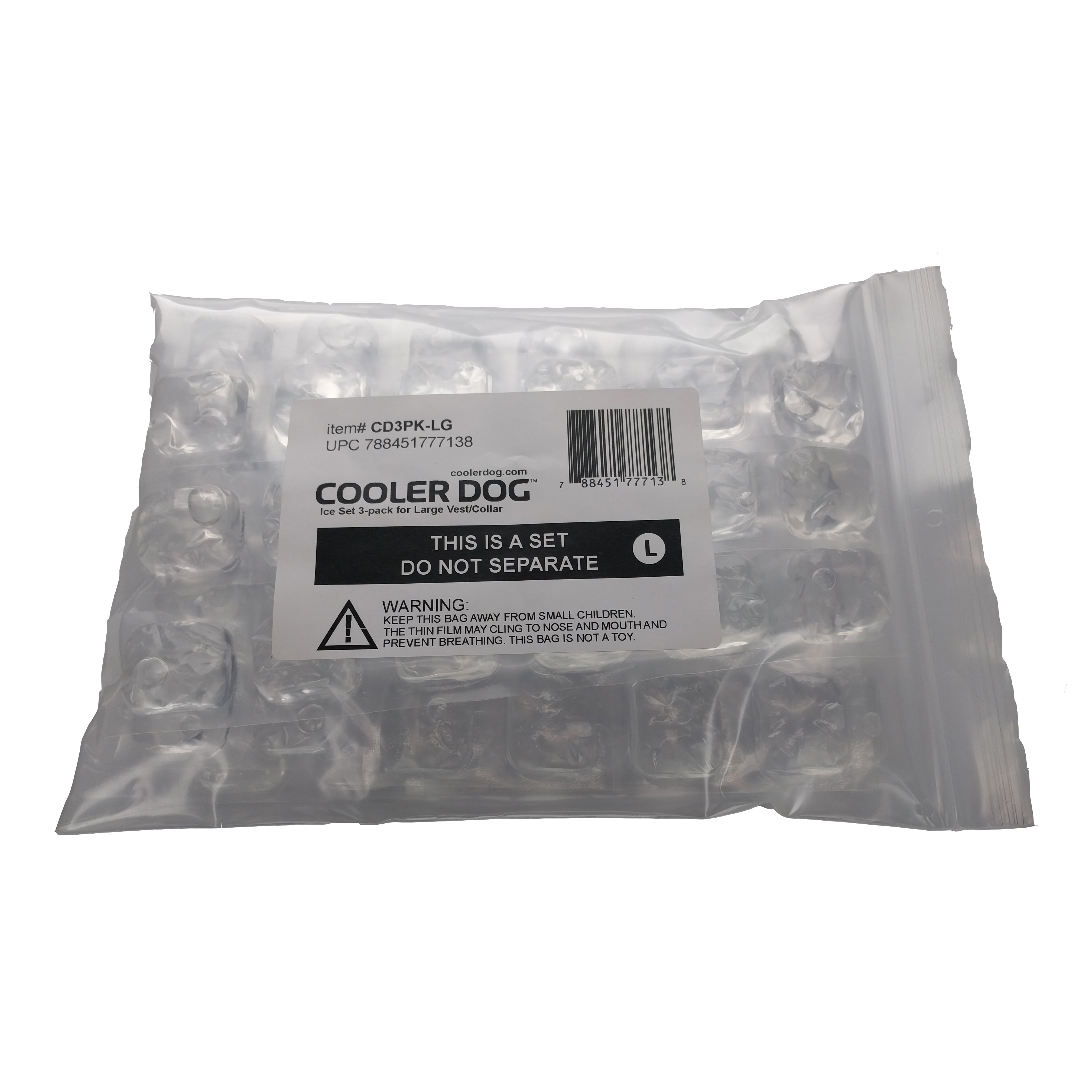 Packaged product of CoolerDog vest/collar refill ice in packaging bag