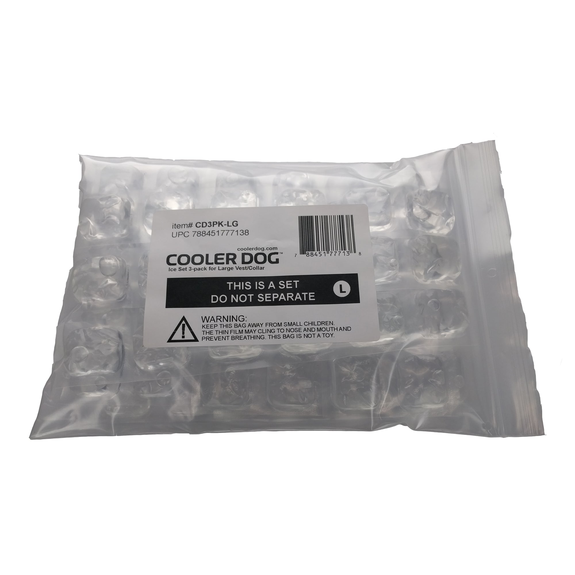 Packaged product of CoolerDog vest/collar refill ice in packaging bag