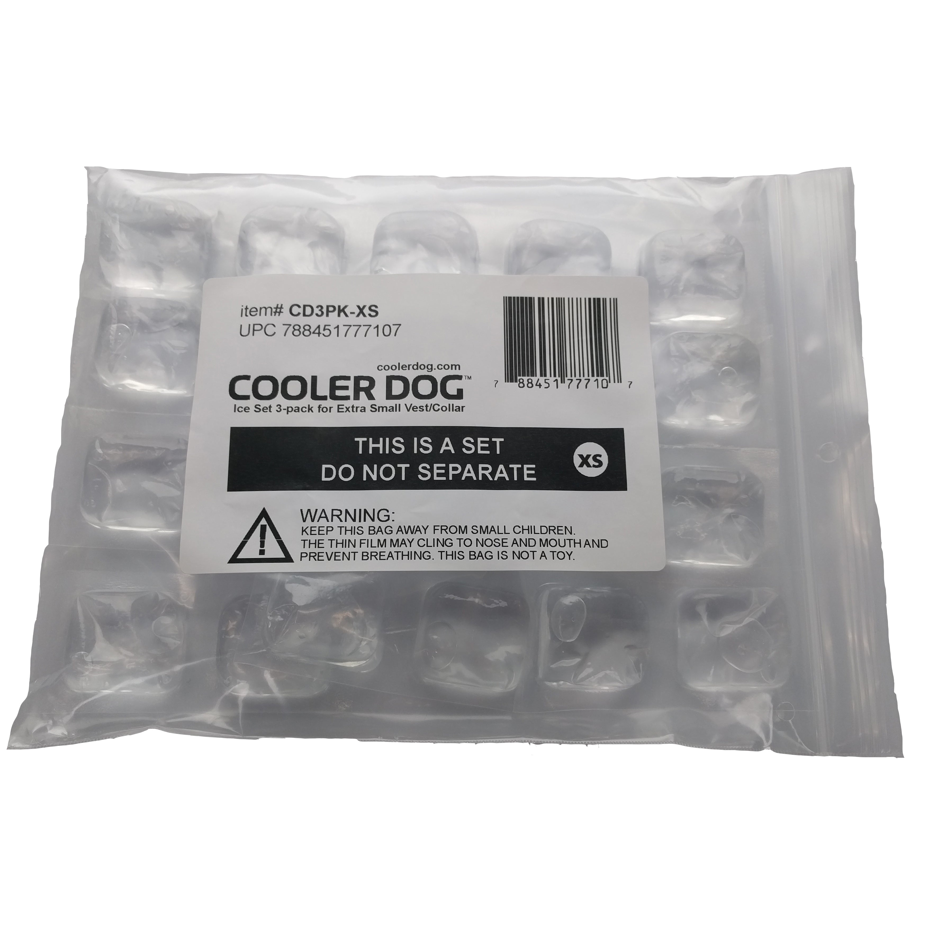 Packaged product of CoolerDog vest/collar refill ice in packaging bag