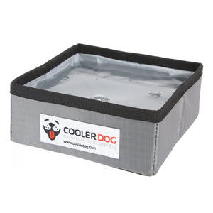 CoolerDog brand small, gray square portable dog bowl, unfolded and filled with water