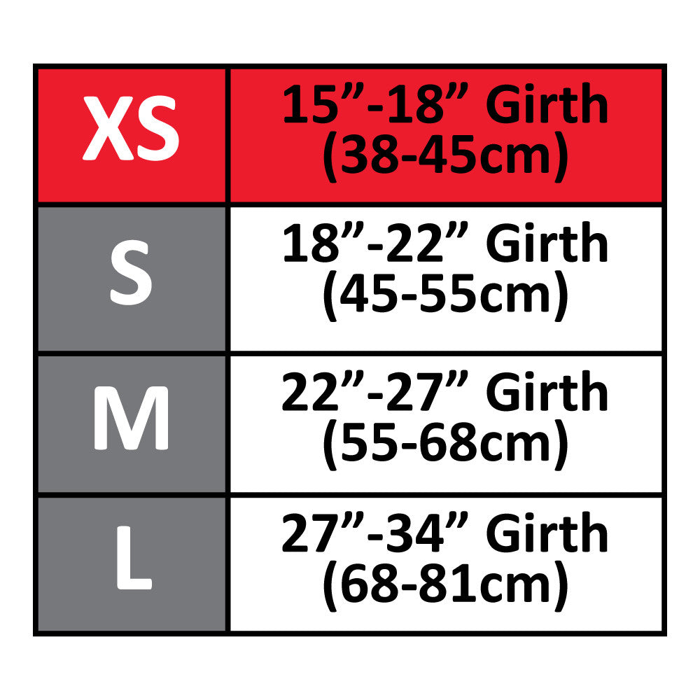 Sizing chart for CoolerDog vest, extra small section highlighted 