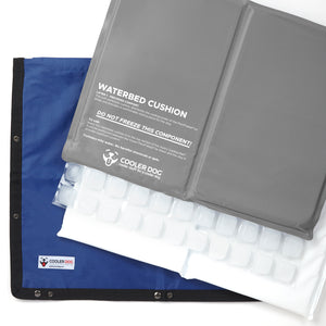 CoolerDog Hydro Cooling Mat, disassembled to show cooling ice sheet, waterbed cushion 