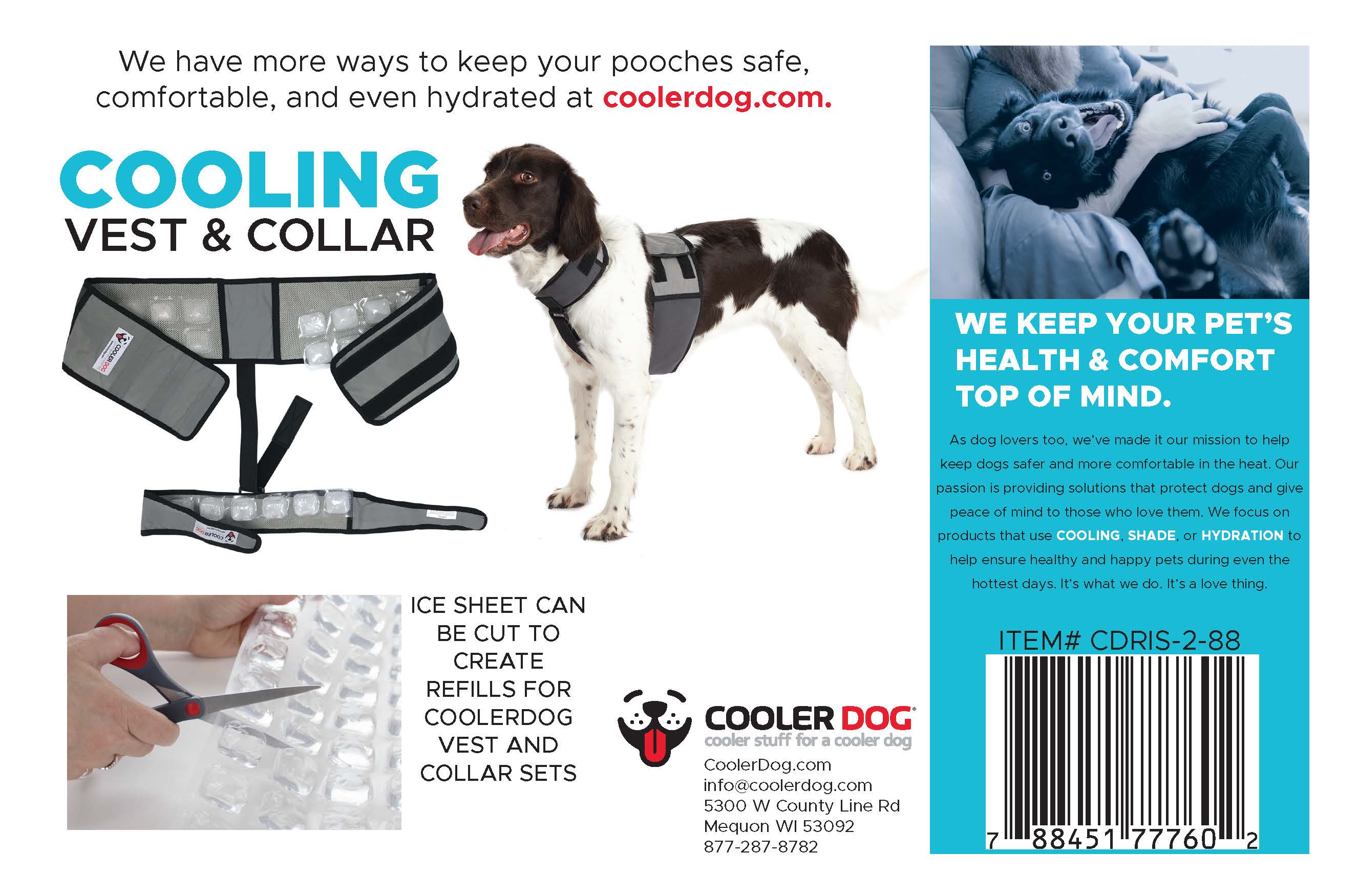 Informational back of box for the CoolerDog brand cooling vest and collar