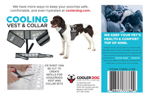 Informational back of box for the CoolerDog brand cooling vest and collar