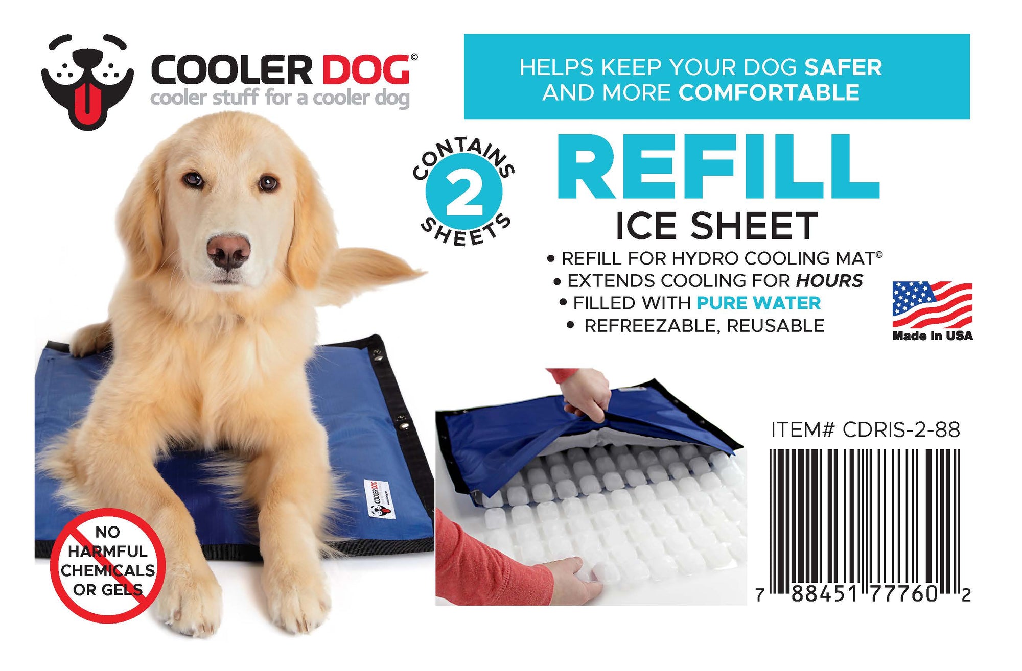 Informational box panel for CoolerDog brand refill ice sheet