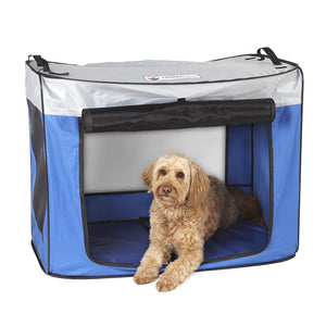 Unfolded CoolerDog Pop-Up Shade Oasis, large, blue/gray, with medium Goldendoodle dog sitting inside